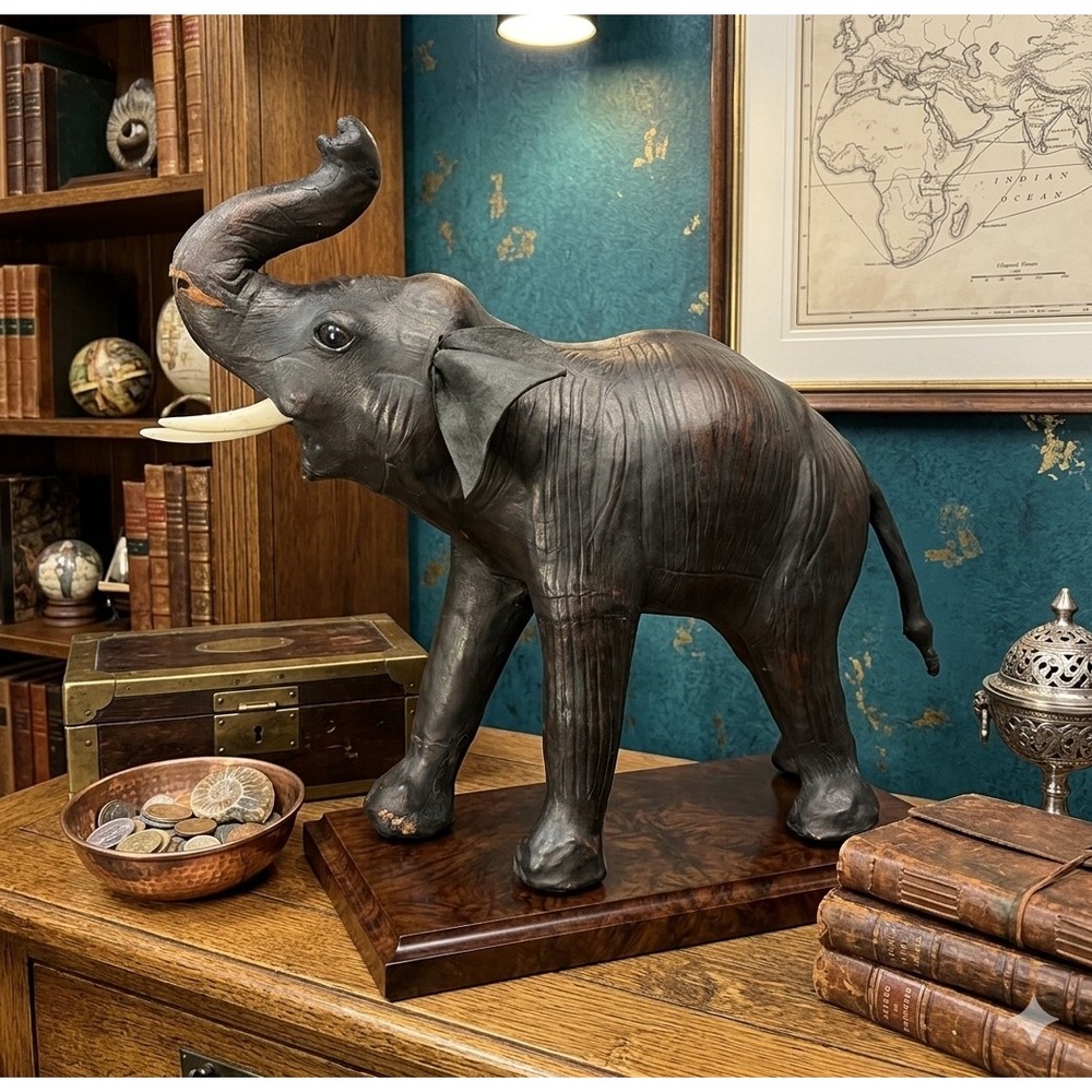 Vintage Leather Wrapped Elephant Statue Figurine Trunk Up Glass Eyes Large
